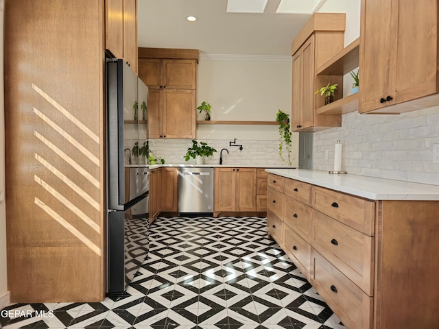 kitchen with dishwasher, refrigerator, decorative backsplash, and crown molding