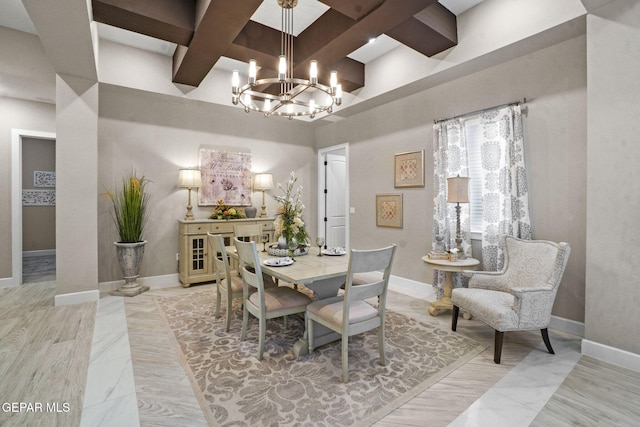 dining space featuring beamed ceiling, a notable chandelier, a towering ceiling, and coffered ceiling