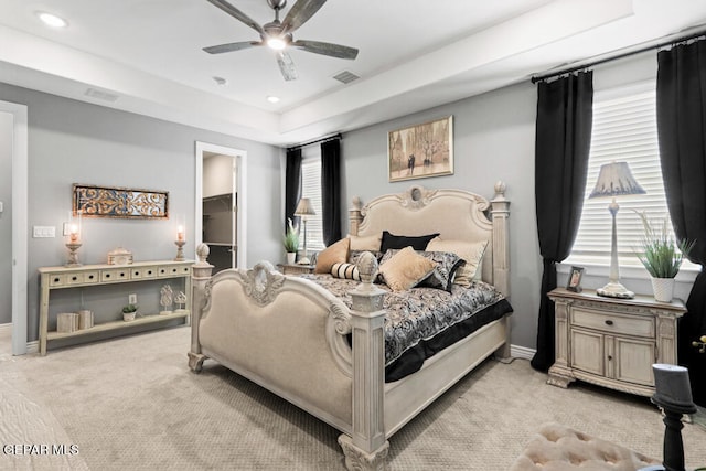 carpeted bedroom with a raised ceiling, a walk in closet, ceiling fan, and a closet