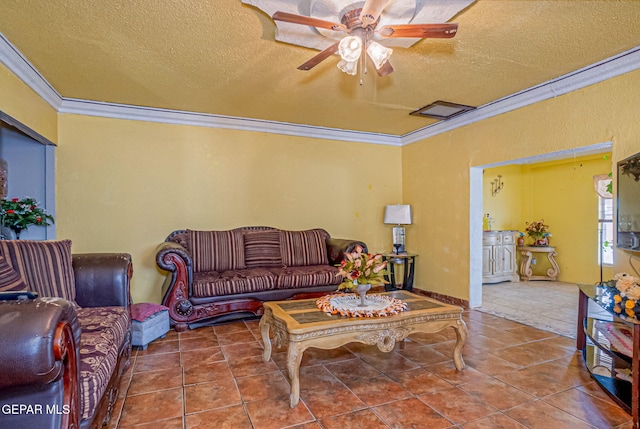 tiled living room with ceiling fan, crown molding, and a textured ceiling