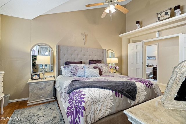 bedroom featuring hardwood / wood-style floors and ceiling fan