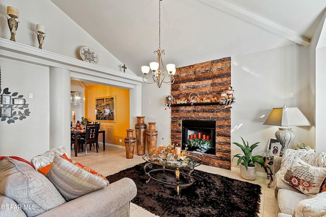 living room featuring a stone fireplace, light tile patterned floors, high vaulted ceiling, and an inviting chandelier