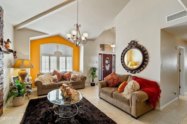 living room featuring light tile patterned floors, vaulted ceiling, and a notable chandelier