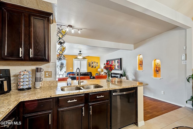 kitchen with ceiling fan, dishwasher, sink, kitchen peninsula, and light tile patterned flooring