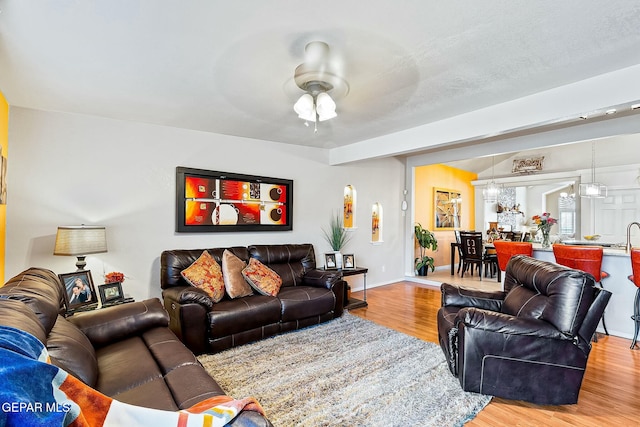 living room with ceiling fan and hardwood / wood-style floors