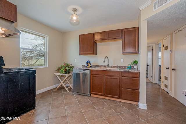 kitchen featuring stainless steel dishwasher, a textured ceiling, sink, light tile patterned floors, and range