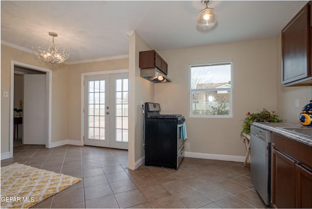 kitchen with french doors, stainless steel dishwasher, ornamental molding, black / electric stove, and a healthy amount of sunlight