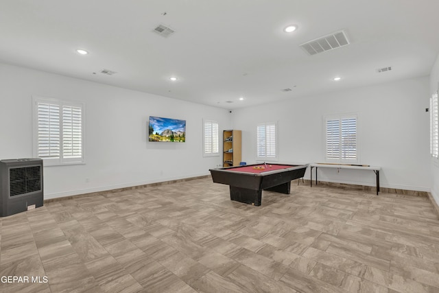 rec room featuring pool table and heating unit