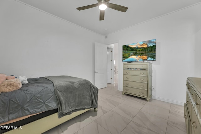 bedroom with crown molding and ceiling fan