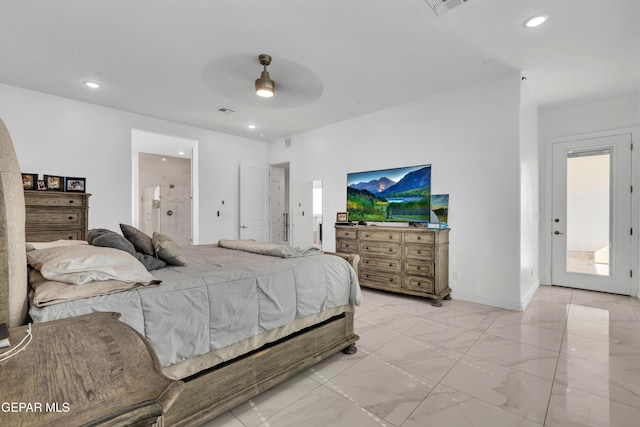 bedroom featuring connected bathroom, ceiling fan, and access to exterior