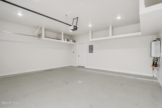 garage with a garage door opener, electric panel, and water heater