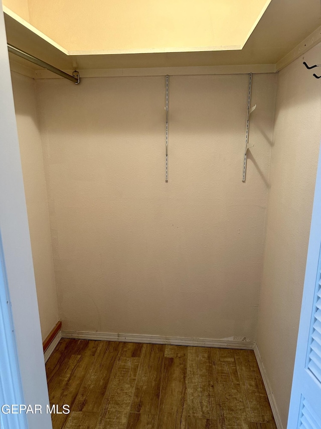 walk in closet with dark hardwood / wood-style flooring