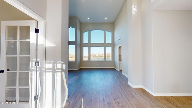 interior space with light hardwood / wood-style floors and a towering ceiling