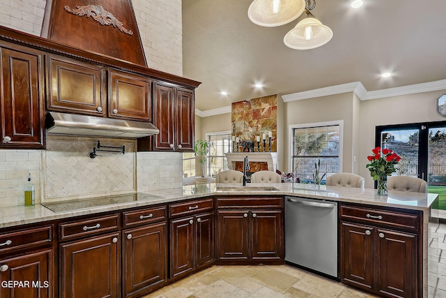 kitchen featuring kitchen peninsula, black electric cooktop, backsplash, dishwasher, and sink