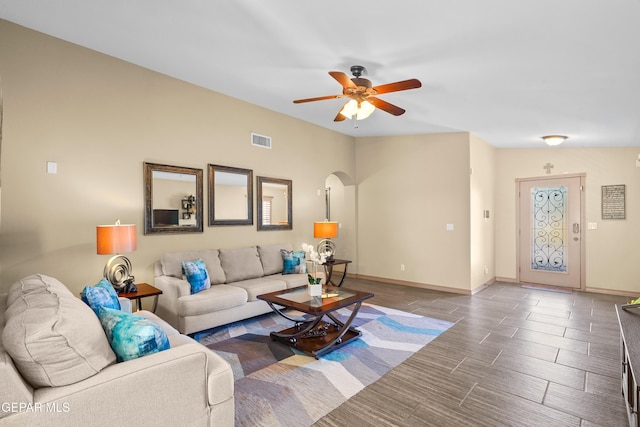 living room featuring ceiling fan