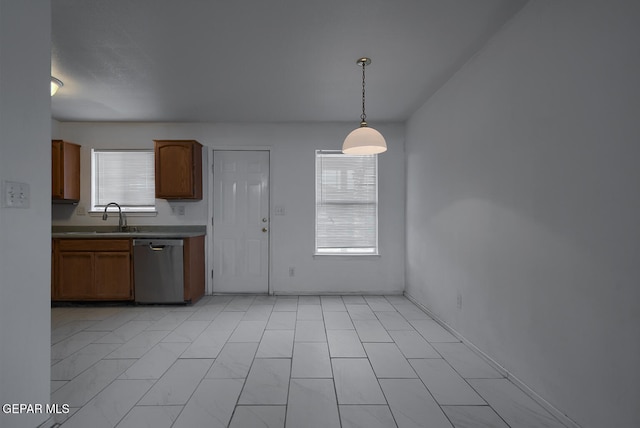 kitchen featuring dishwasher, hanging light fixtures, and sink