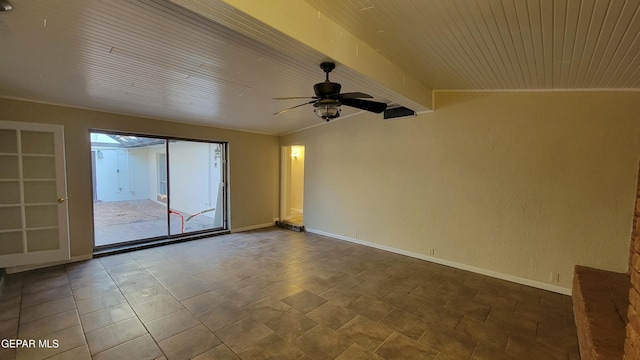 spare room with wood ceiling, ceiling fan, and lofted ceiling