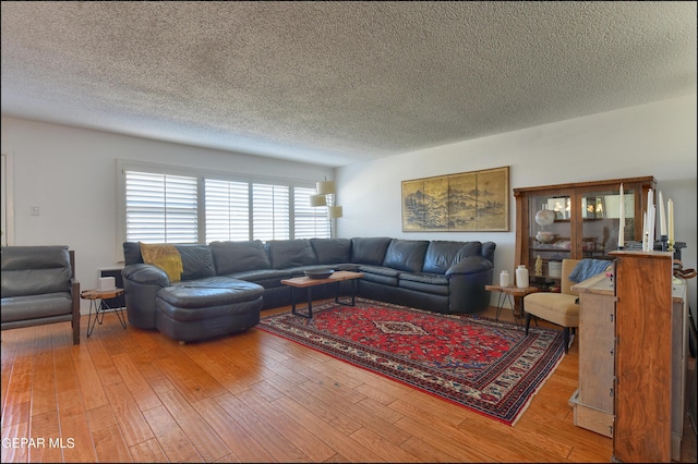 living room featuring a textured ceiling and hardwood / wood-style floors