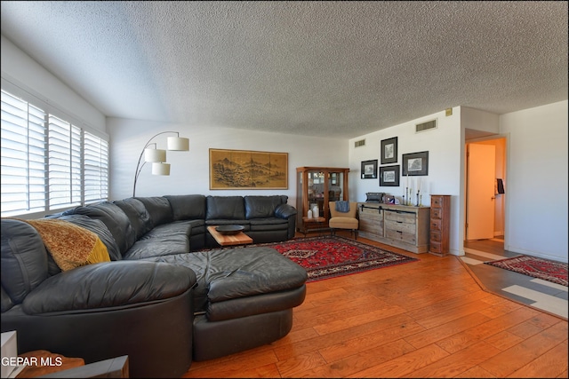 living room with a textured ceiling and hardwood / wood-style floors