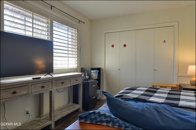 bedroom featuring dark hardwood / wood-style flooring and a closet