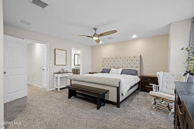 carpeted bedroom with ceiling fan