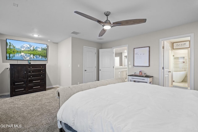 bedroom with carpet, ensuite bath, and ceiling fan