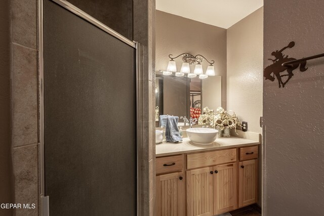 bathroom featuring a shower with door and vanity