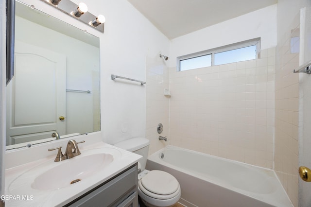 full bathroom with toilet, vanity, and bathing tub / shower combination