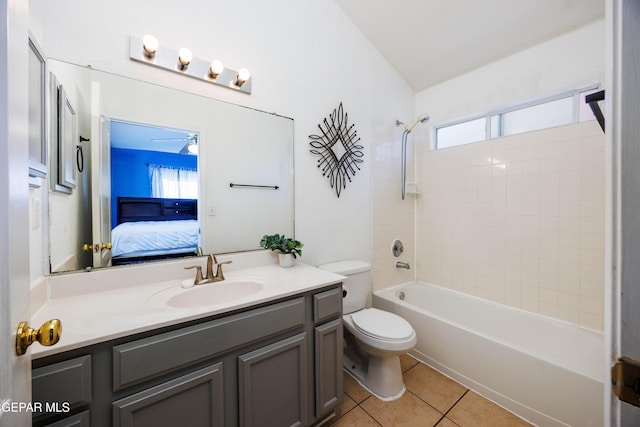 full bathroom with shower / washtub combination, tile patterned flooring, vanity, and toilet