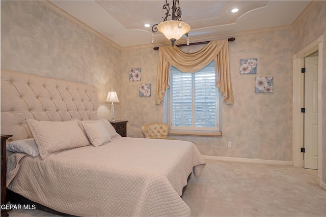 carpeted bedroom featuring ornamental molding