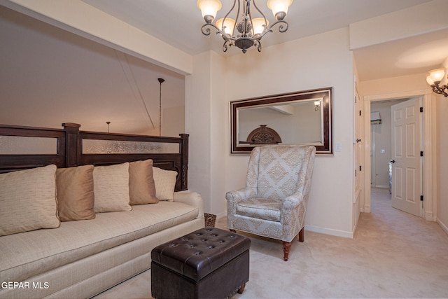 carpeted living room featuring beamed ceiling and an inviting chandelier