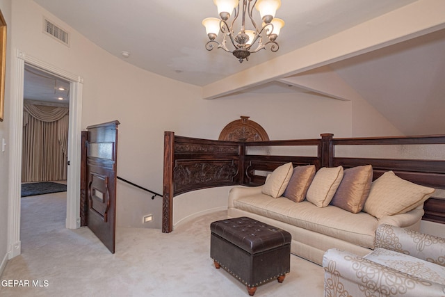 living room featuring a notable chandelier, lofted ceiling with beams, and light carpet