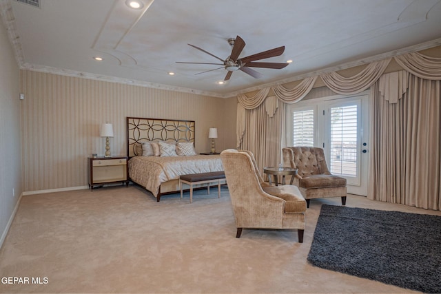 carpeted bedroom featuring access to outside, ceiling fan, and crown molding