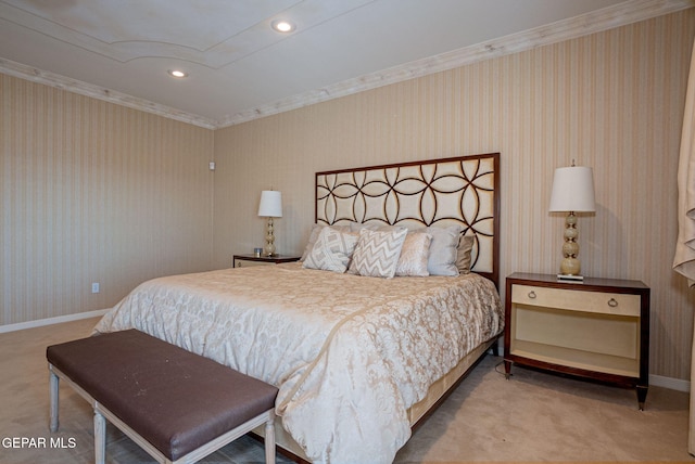 carpeted bedroom with crown molding