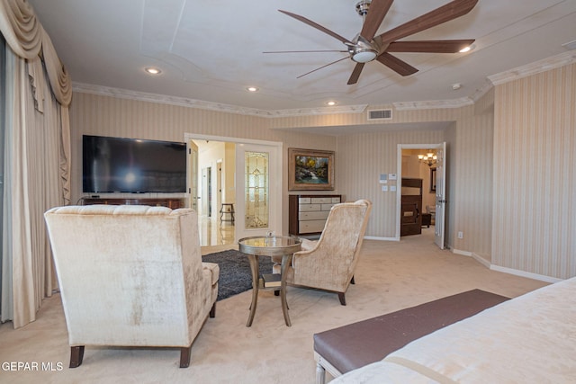 bedroom with a chandelier, light colored carpet, and ornamental molding