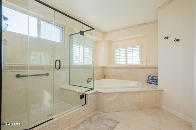 bathroom with plus walk in shower and tile patterned floors