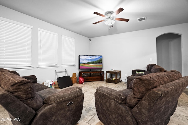 living room with ceiling fan