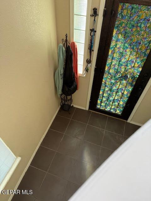 entryway featuring dark tile patterned floors and baseboards