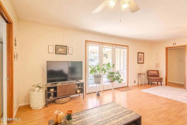 living room featuring ceiling fan and hardwood / wood-style flooring