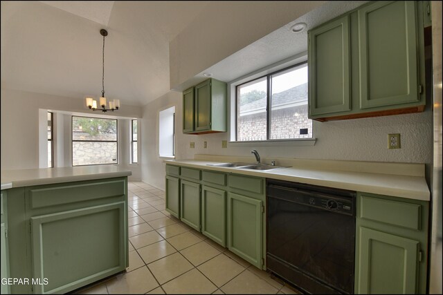 kitchen with pendant lighting, dishwasher, lofted ceiling, sink, and green cabinetry