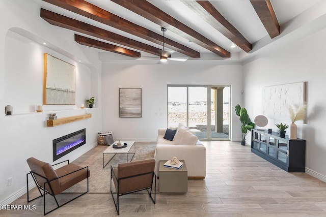 living room featuring beam ceiling, light hardwood / wood-style floors, and ceiling fan