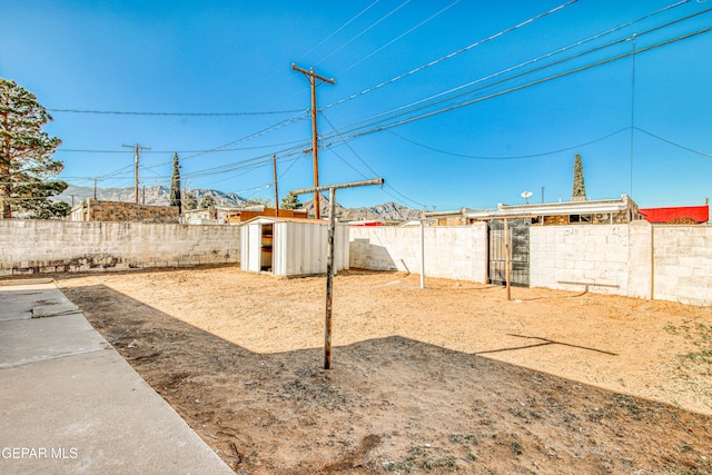 view of yard featuring a storage unit