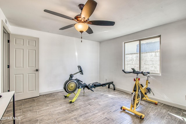 workout area with ceiling fan