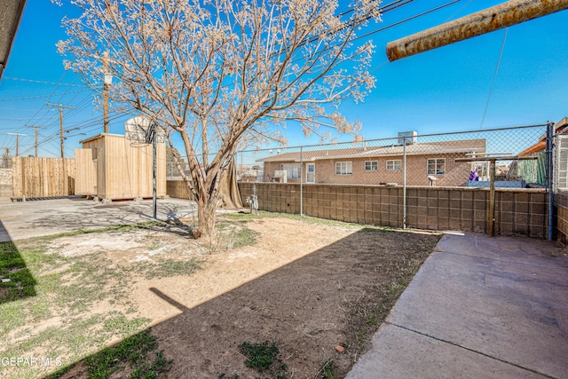 view of yard featuring a storage unit and a patio area