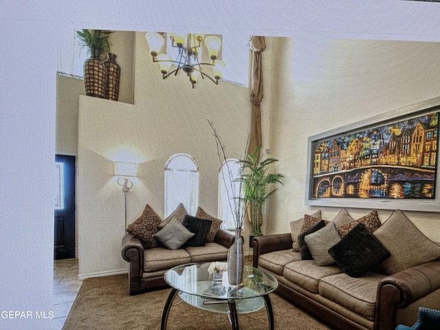 living room featuring a chandelier