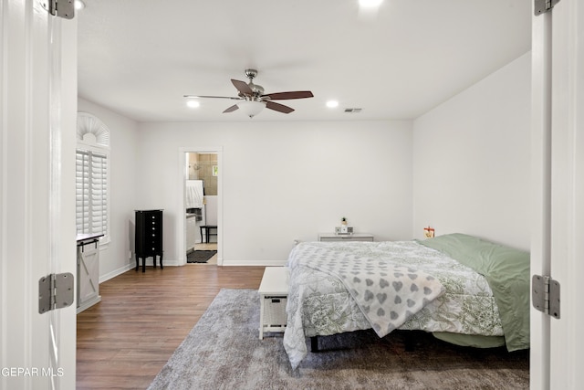 bedroom featuring ceiling fan and hardwood / wood-style floors