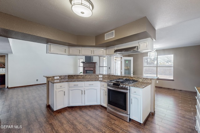 kitchen featuring kitchen peninsula, stainless steel gas stove, and white cabinetry