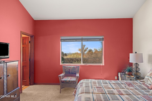 bedroom with light colored carpet