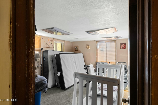 carpeted bedroom with a textured ceiling