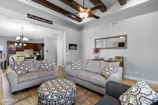 living room featuring ceiling fan with notable chandelier, beamed ceiling, and dark hardwood / wood-style floors